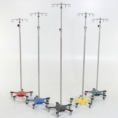 MIDCENTRAL MEDICAL Chrome IV Pole W/Thumb Knob, 2 Hook Top, 5-Leg Red Base W/3” Casters MCM220-2-RED